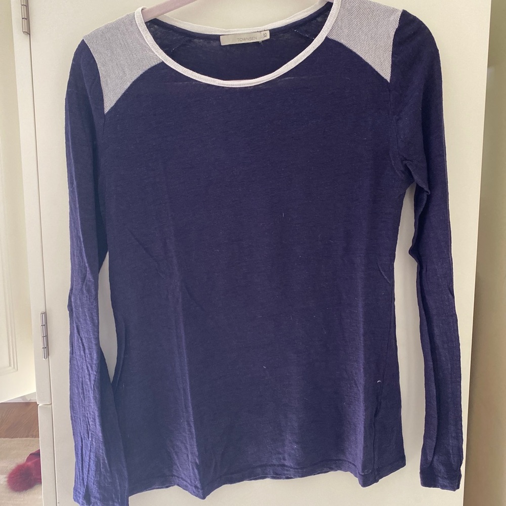 TOWNSEN Long Sleeve Purple and White Detail Linen Top Size: XS